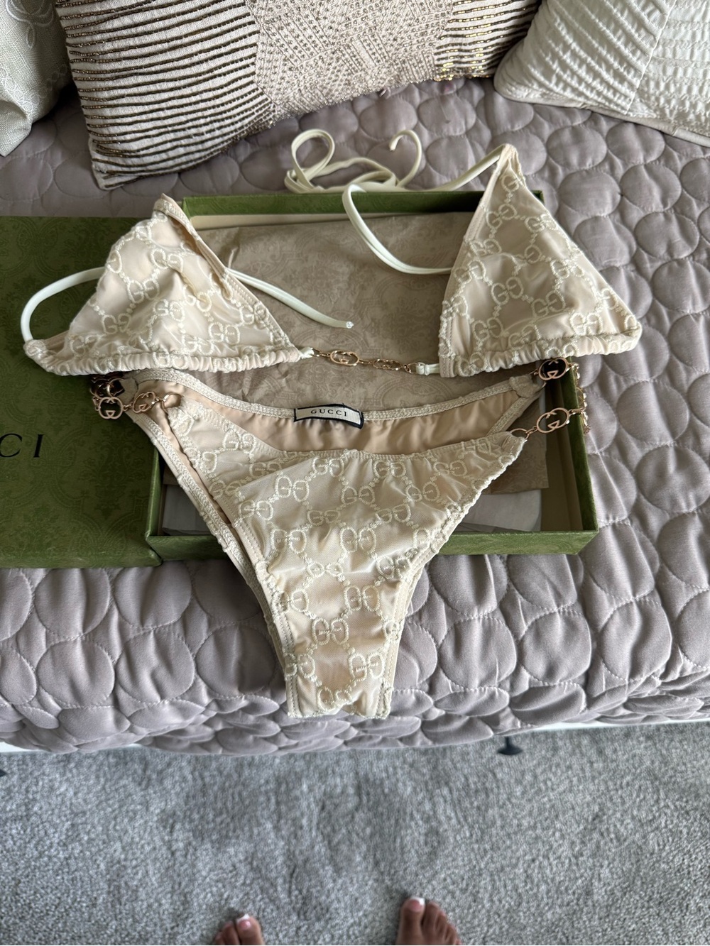 Gucci Cream GG Logo Triangle Bikini Set with Gold Chain Accents